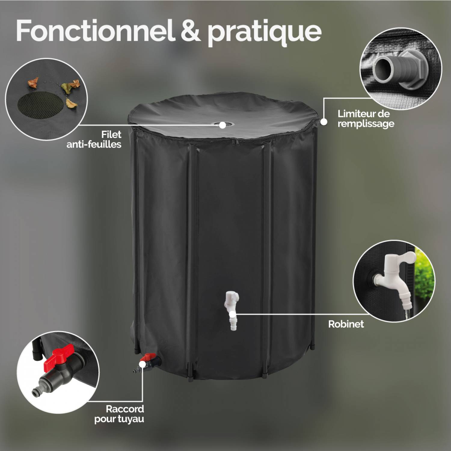 Réservoir souple, récupérateur d'eau de pluie pliable - 500 L - Noir - Linxor - Image 3