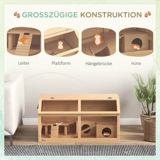 Cage grand hamster bois sapin rongeurs nains accessoires jeu 85x45x44cm naturel - ComfortXL Outdoor Living - Image 4