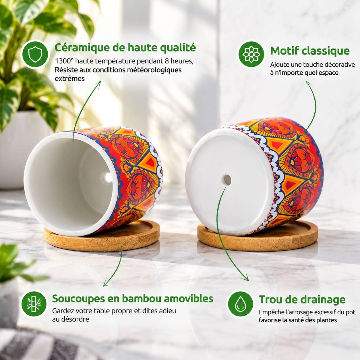 Set de 6 Pots en Céramique Mandala pour Plantes Succulentes avec Soucoupes - Image 3