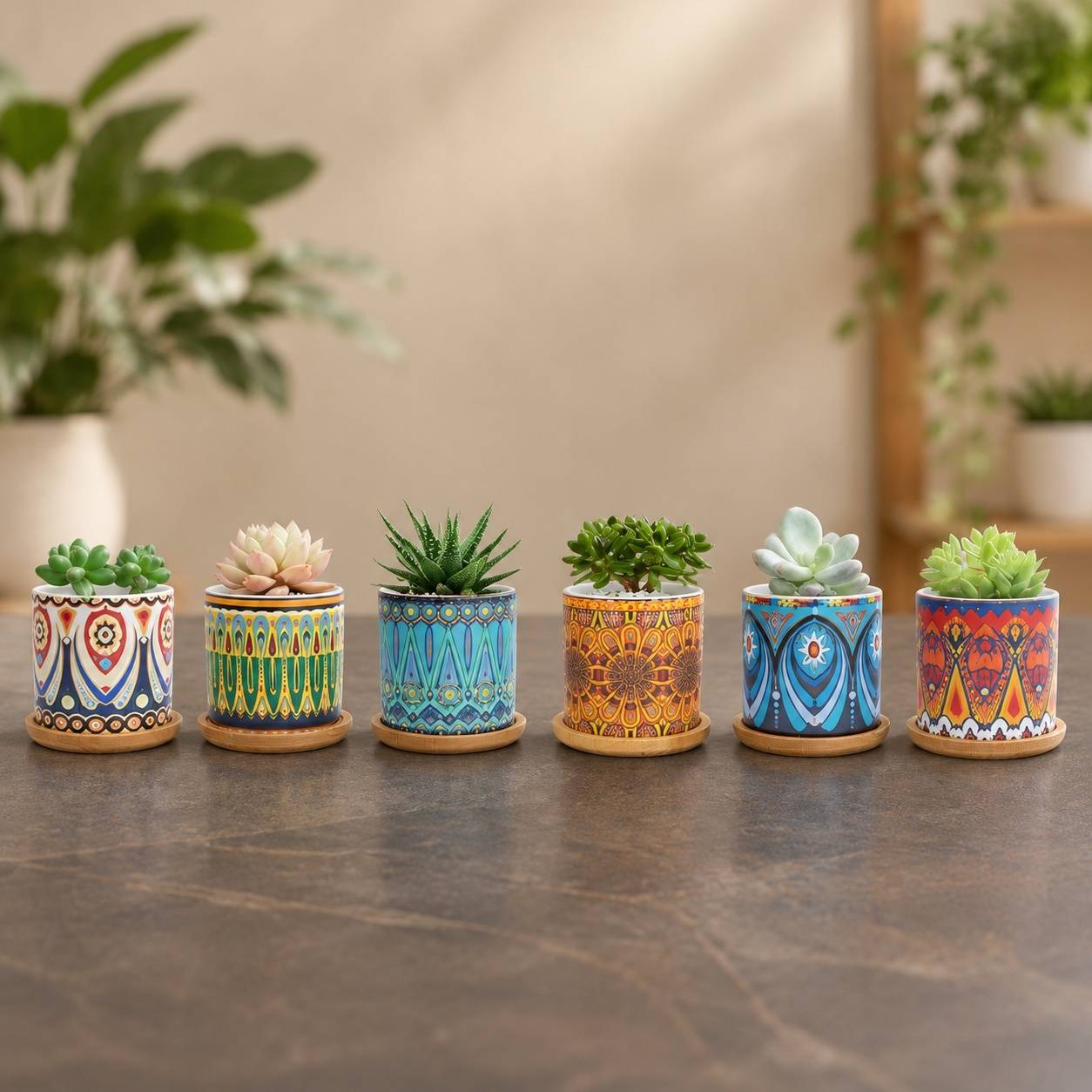 Set de 6 Pots en Céramique Mandala pour Plantes Succulentes avec Soucoupes - Image 5