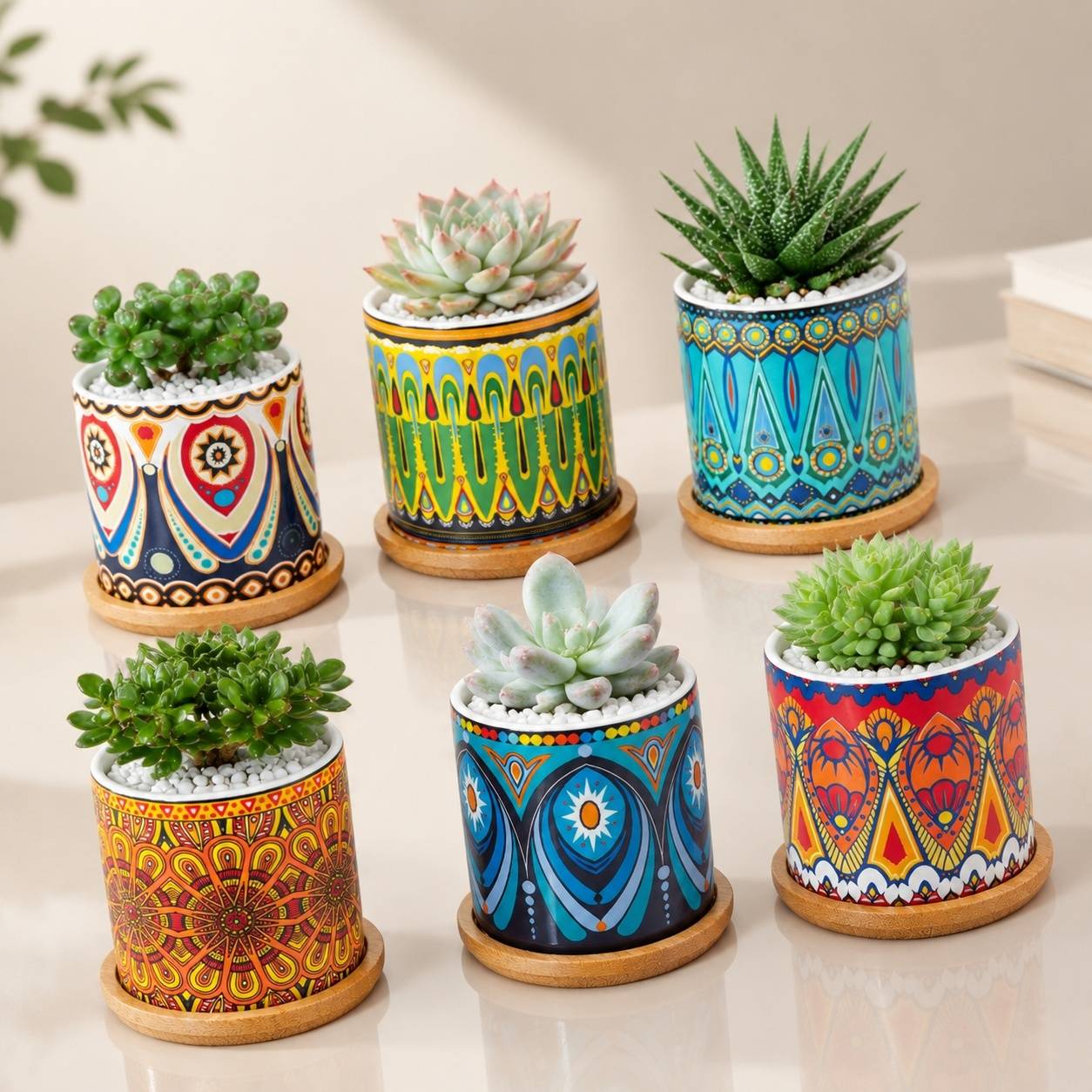 Set de 6 Pots en Céramique Mandala pour Plantes Succulentes avec Soucoupes - Image 7