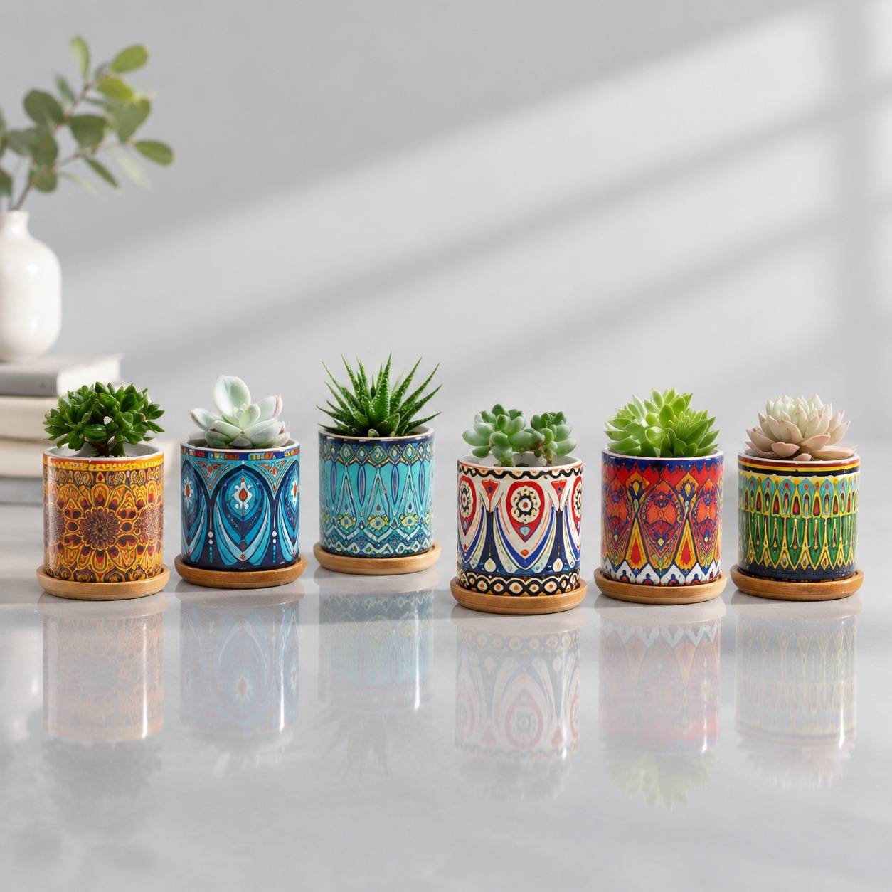 Set de 6 Pots en Céramique Mandala pour Plantes Succulentes avec Soucoupes - Image 4