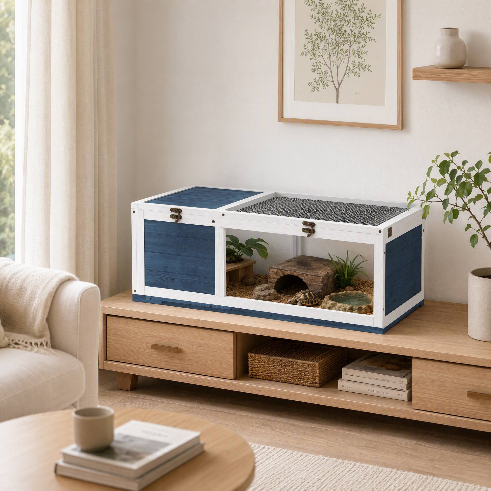 ComfortXL - Enclos pour tortue bois de sapin 91 x 60,5 x 32 cm bleu intérieur extérieur double zone et panneaux extensibles - Image 9