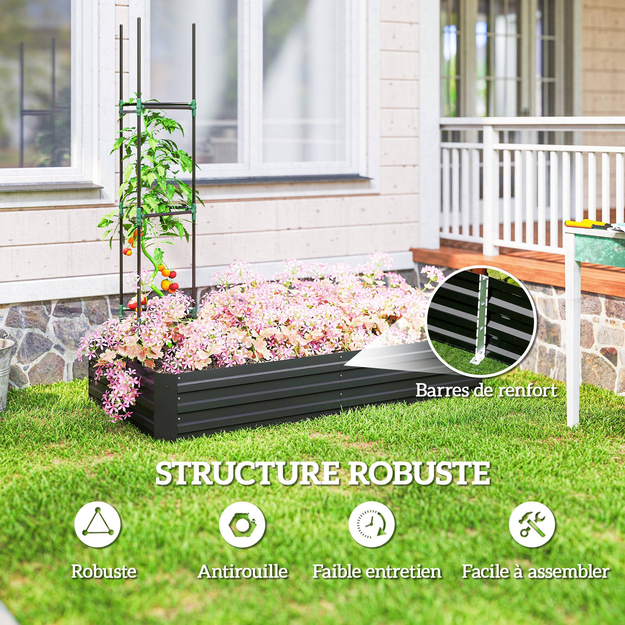 ComfortXL - Carré potager acier galvanisé extérieur tuteurs grimpantes 180cm noir - ComfortXL Outdoor Living - Image 7