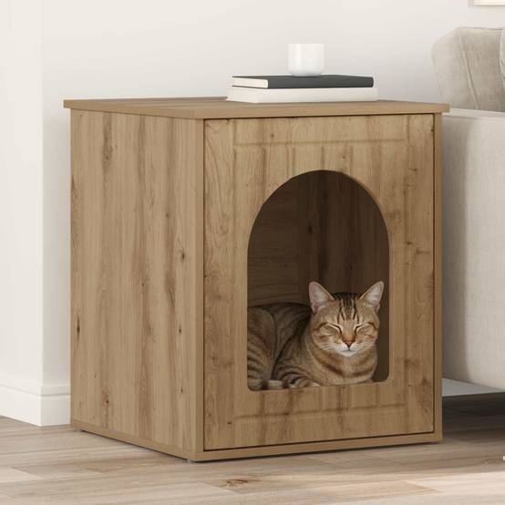 Maison pour chat bois d'ingénierie chêne artisan 53 x 52 x 62 cm - PANGIVO - Image 1