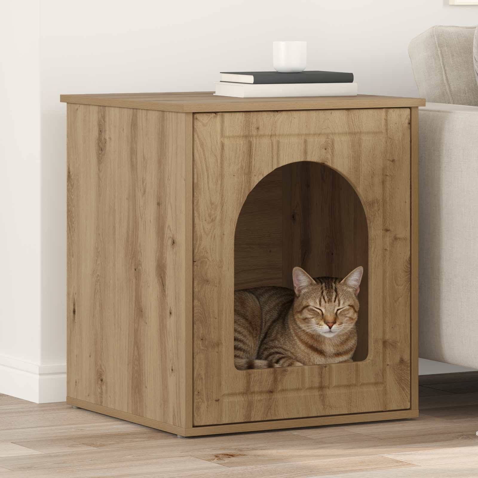 Maison pour chat bois d'ingénierie chêne artisan 53 x 52 x 62 cm - PANGIVO - Image 1