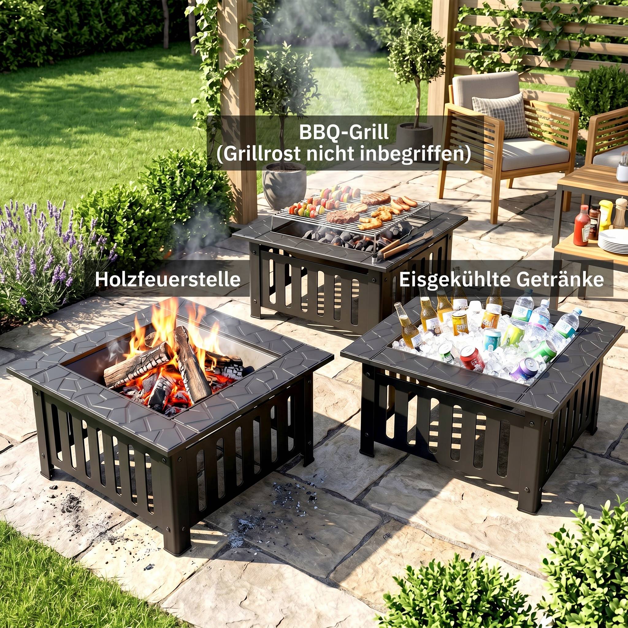 ComfortXL - Brasero extérieur acier noir 67 x 67 cm jardin terrasse avec rebord table pare-étincelles et tisonnier - Image 4