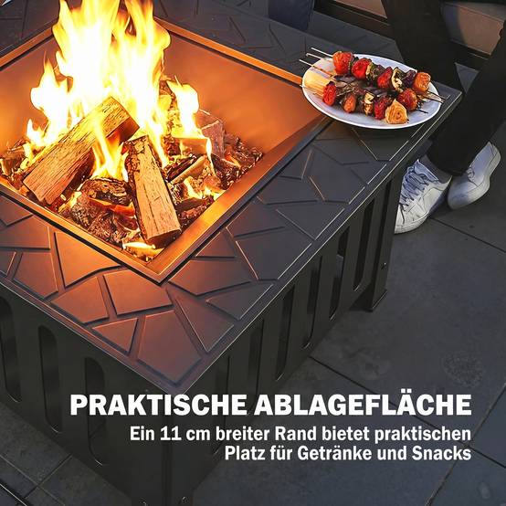 ComfortXL - Brasero extérieur acier noir 67 x 67 cm jardin terrasse avec rebord table pare-étincelles et tisonnier - Image 5