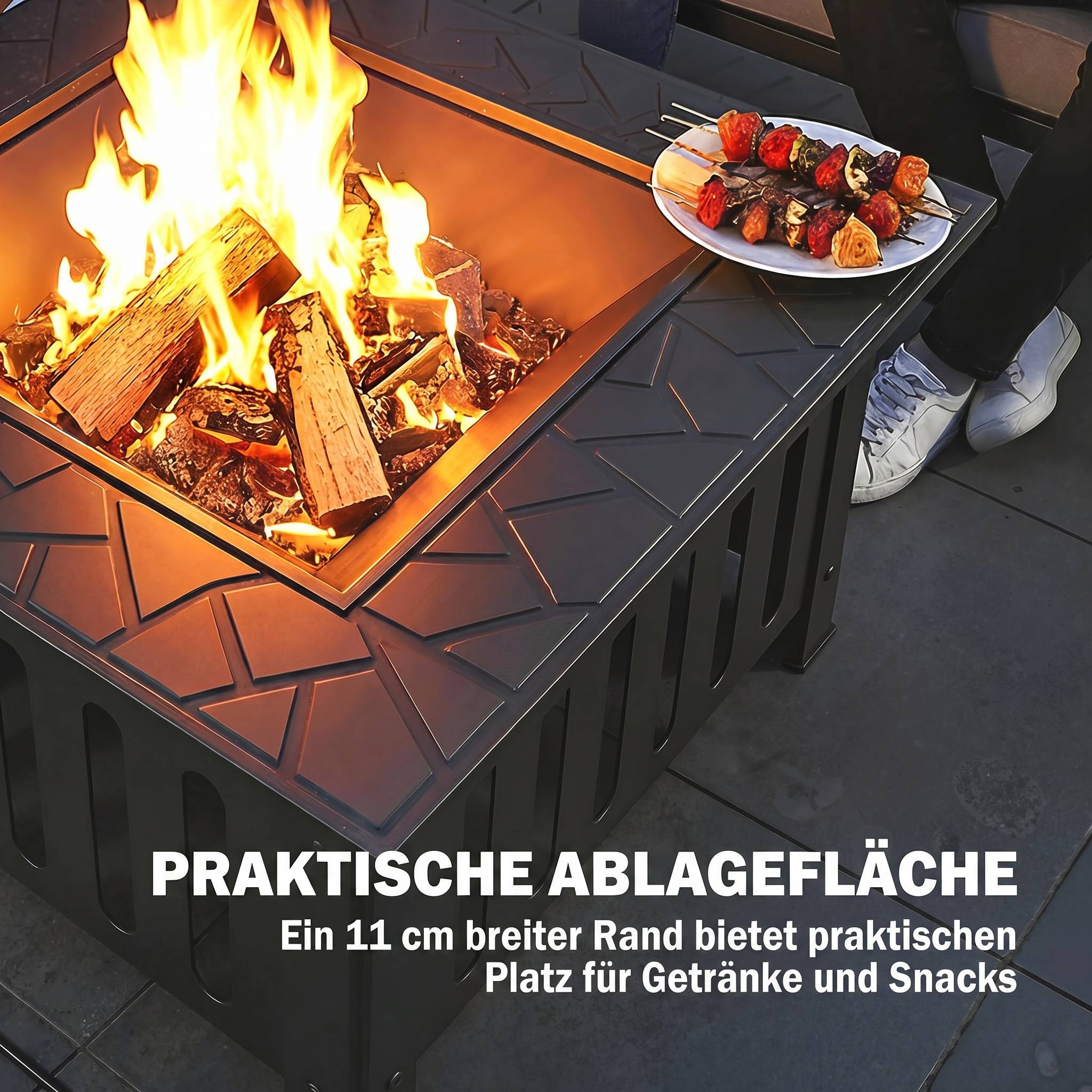 ComfortXL - Brasero extérieur acier noir 67 x 67 cm jardin terrasse avec rebord table pare-étincelles et tisonnier - Image 5