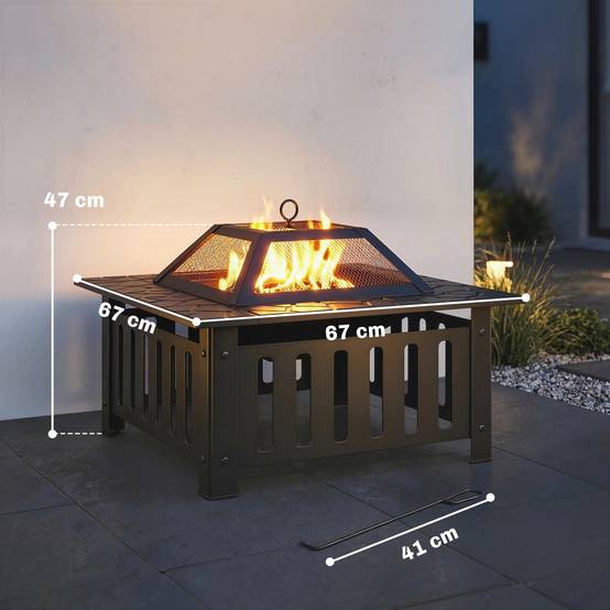ComfortXL - Brasero extérieur acier noir 67 x 67 cm jardin terrasse avec rebord table pare-étincelles et tisonnier - Image 3
