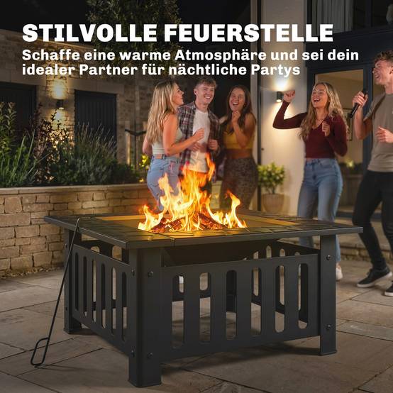 ComfortXL - Brasero extérieur acier noir 67 x 67 cm jardin terrasse avec rebord table pare-étincelles et tisonnier - Image 9