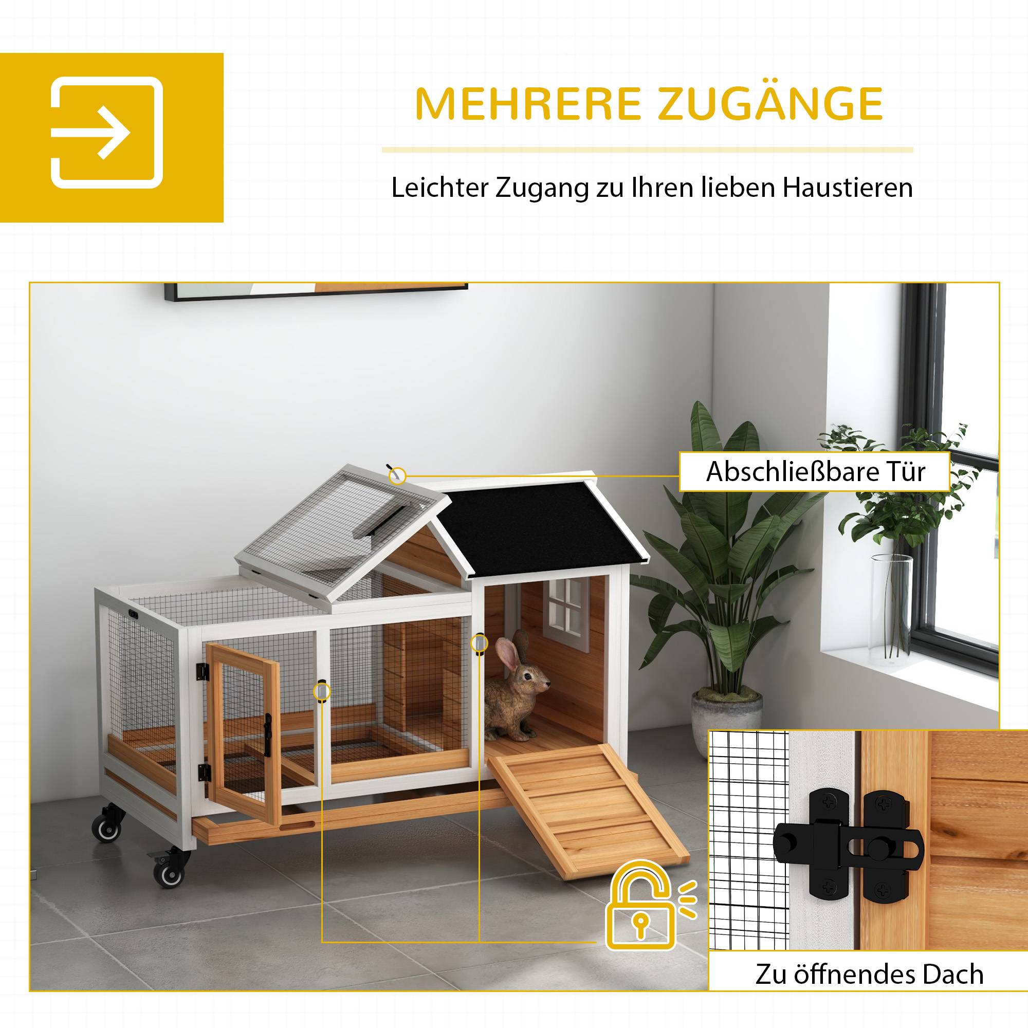 ComfortXL - Cage Lapin Bois Sapin Intérieur Extérieur Mobile Sur Roulettes 108cm Jaune - ComfortXL Pet Living - Image 5