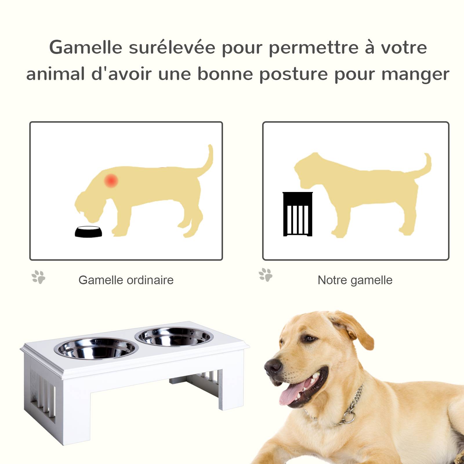 ComfortXL - Porte-gamelles surélevé bois chien chat anti-déversement 2 bols 0.9L 44x24x15cm blanc - ComfortXL Outdoor Living - Image 6
