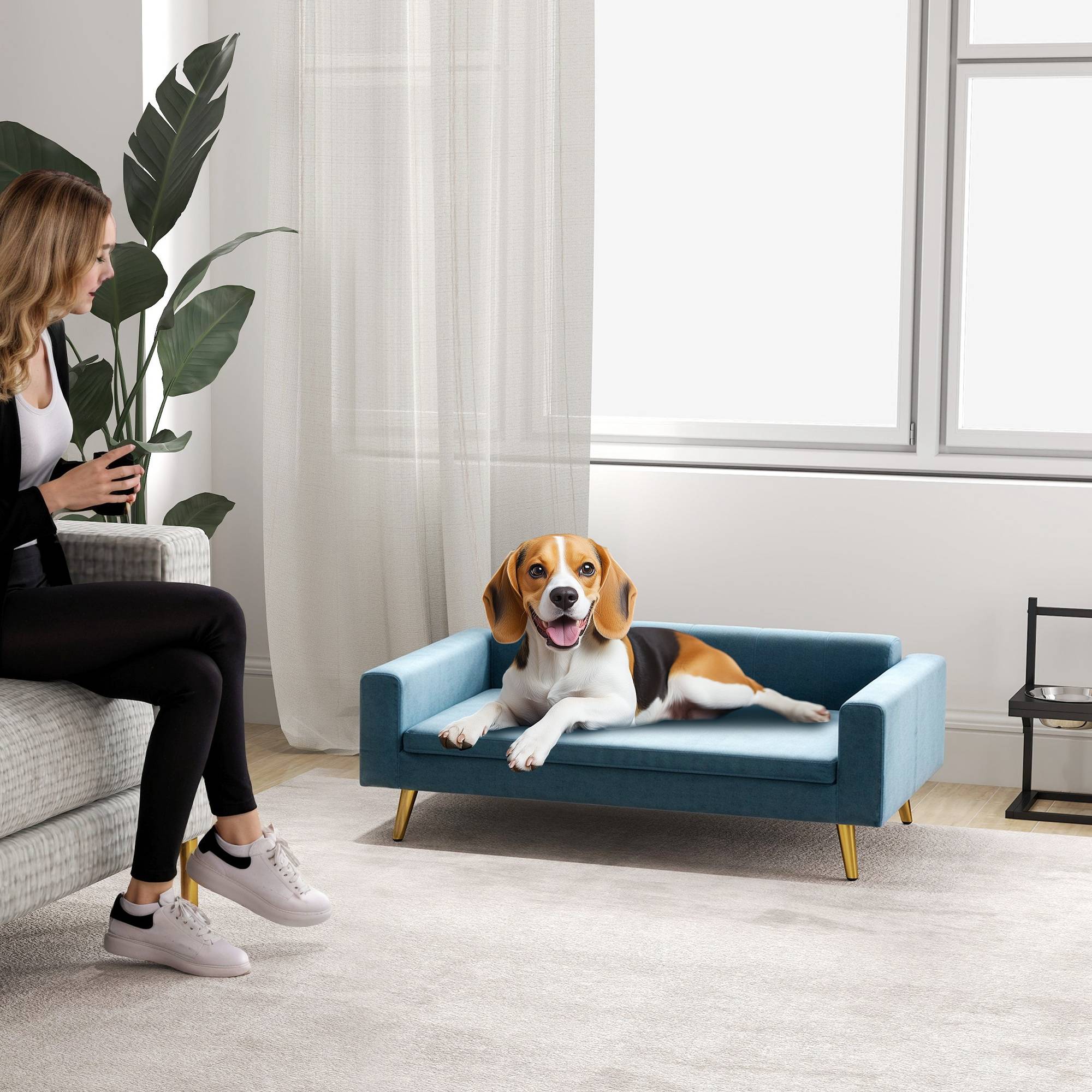 Canapé chien lit pour chien design scandinave coussin moelleux pieds métal doré 94 x 59,5 x 31,5 cm velours soyeux bleu - Image 4