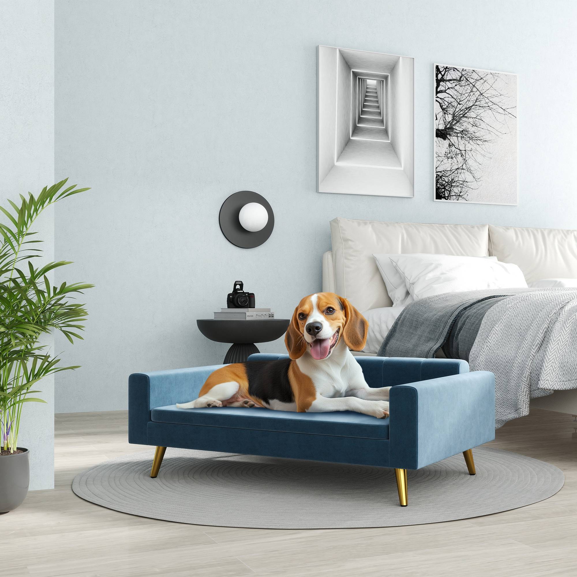 Canapé chien lit pour chien design scandinave coussin moelleux pieds métal doré 94 x 59,5 x 31,5 cm velours soyeux bleu - Image 3