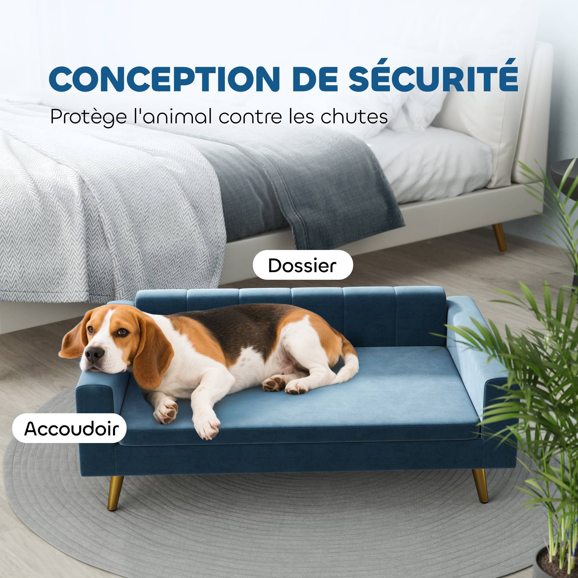 Canapé chien lit pour chien design scandinave coussin moelleux pieds métal doré 94 x 59,5 x 31,5 cm velours soyeux bleu - Image 9