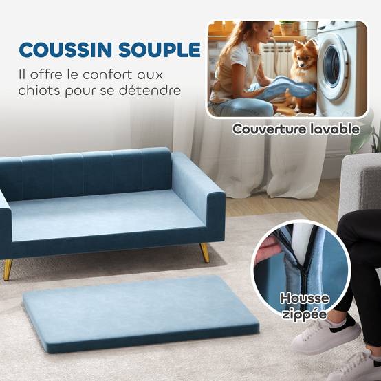 Canapé chien lit pour chien design scandinave coussin moelleux pieds métal doré 94 x 59,5 x 31,5 cm velours soyeux bleu - Image 7