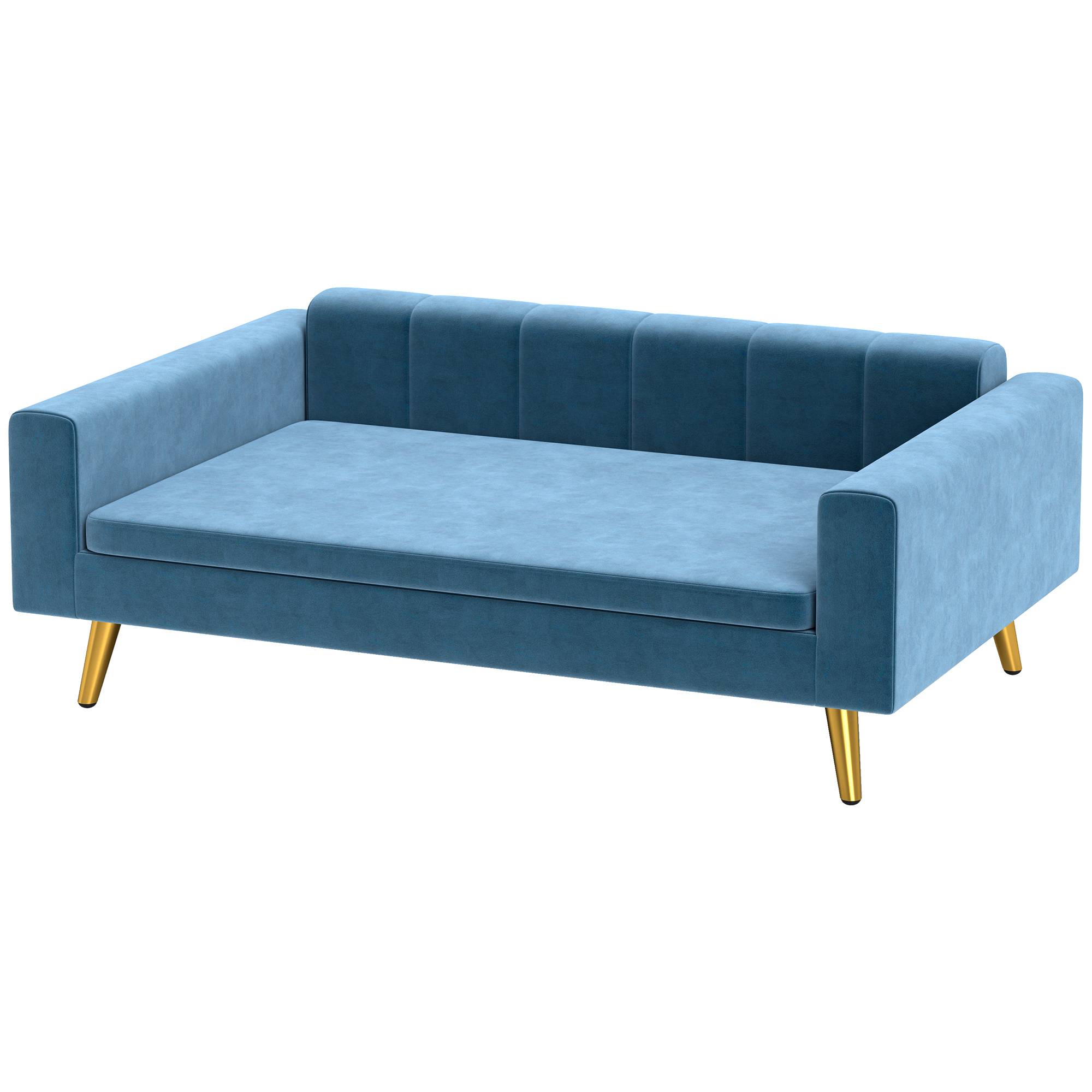 Canapé chien lit pour chien design scandinave coussin moelleux pieds métal doré 94 x 59,5 x 31,5 cm velours soyeux bleu - Image 2