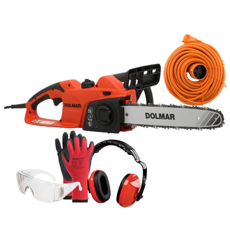 PACK - DOLMAR Tronçonneuse Électrique 1800W - Guide 35 cm ES39TLC + Rallonge de Jardin 40m + Équipements de protection