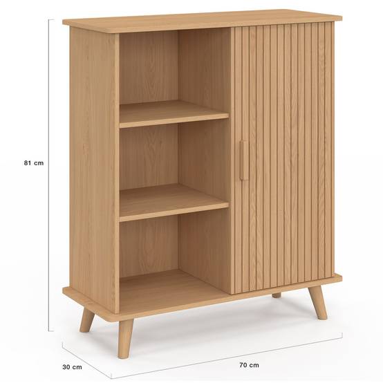 Buffet d'appoint 3 étagères et placard 70 cm JULIETTE effet lattes tasseau bois - Image 5