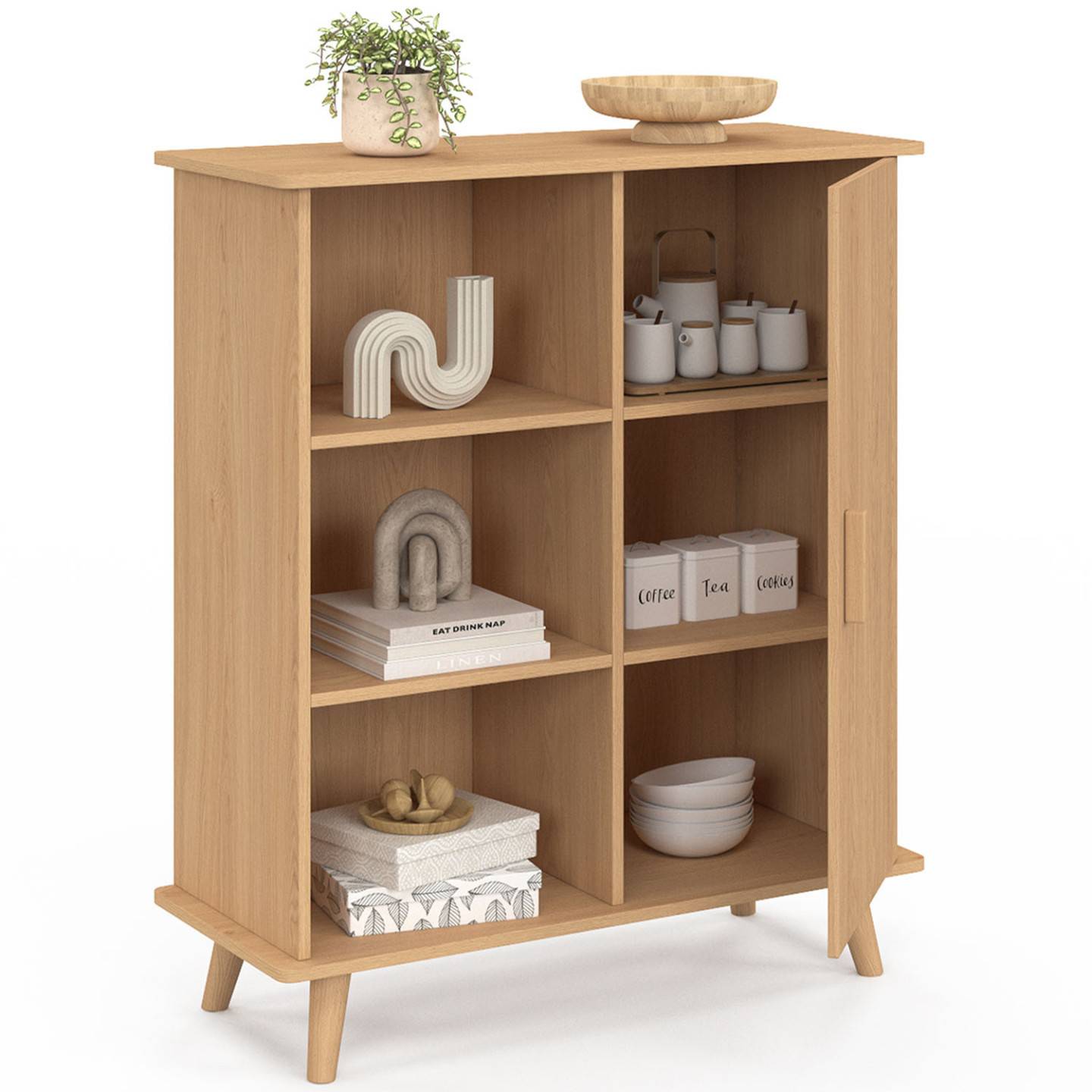 Buffet d'appoint 3 étagères et placard 70 cm JULIETTE effet lattes tasseau bois - Image 3