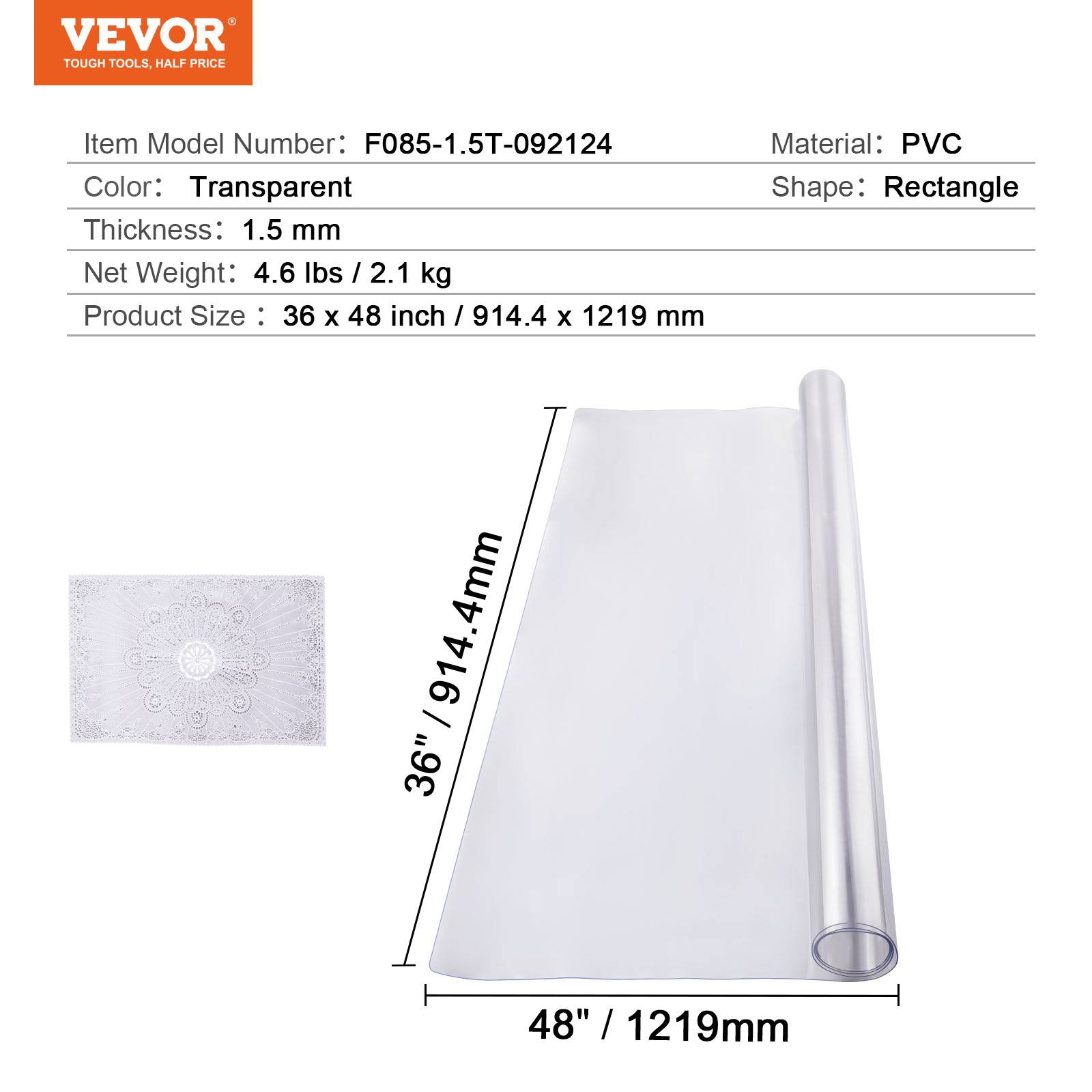 VEVOR Protecteur bureau PVC transparent, 36x48", 1.5mm, rectangulaire, imperméable, salle à manger. - Image 7