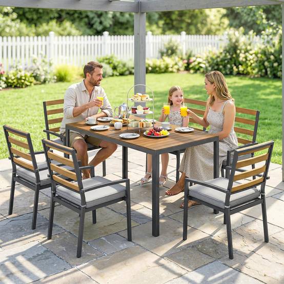 Ensemble de jardin 7 pièces composé d’une table à manger et 6 chaises avec coussins, mobilier en bois pour terrasse - Image 9