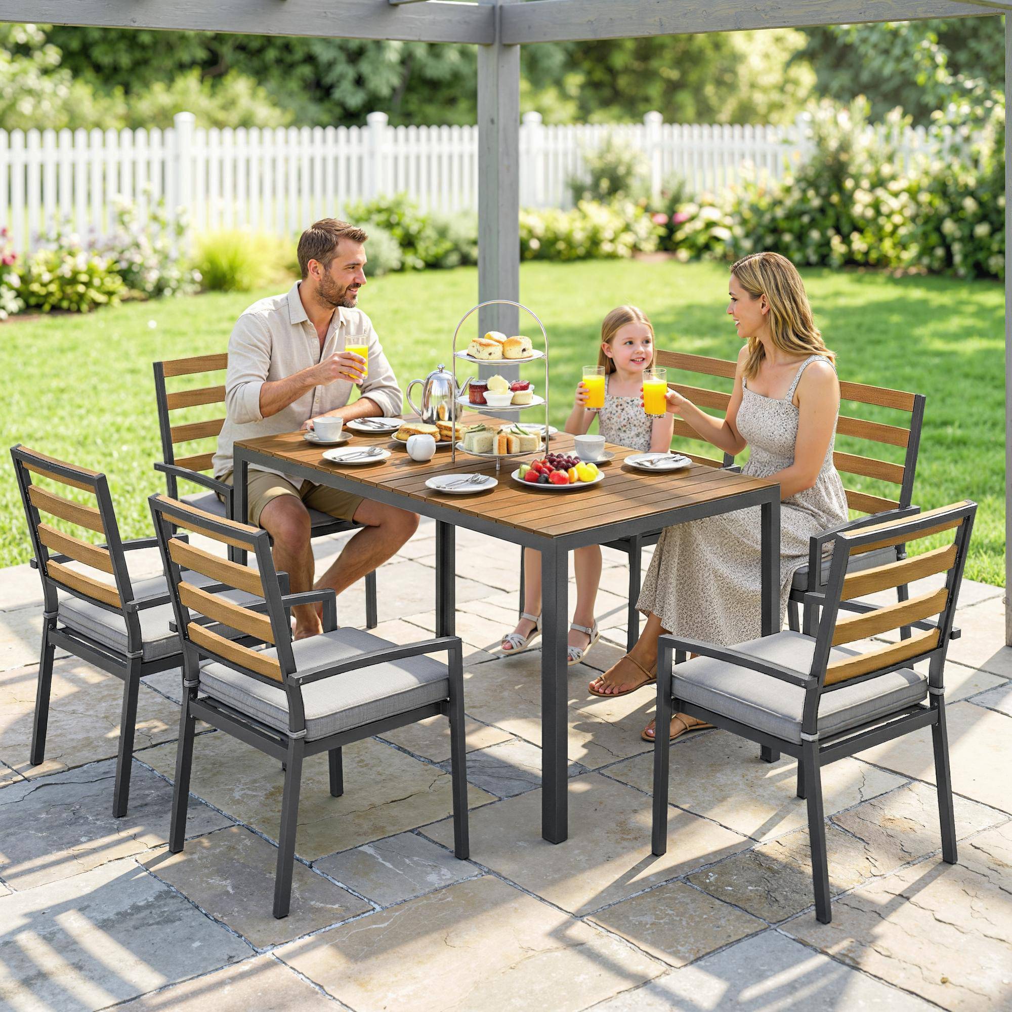 Ensemble de jardin 7 pièces composé d’une table à manger et 6 chaises avec coussins, mobilier en bois pour terrasse - Image 9