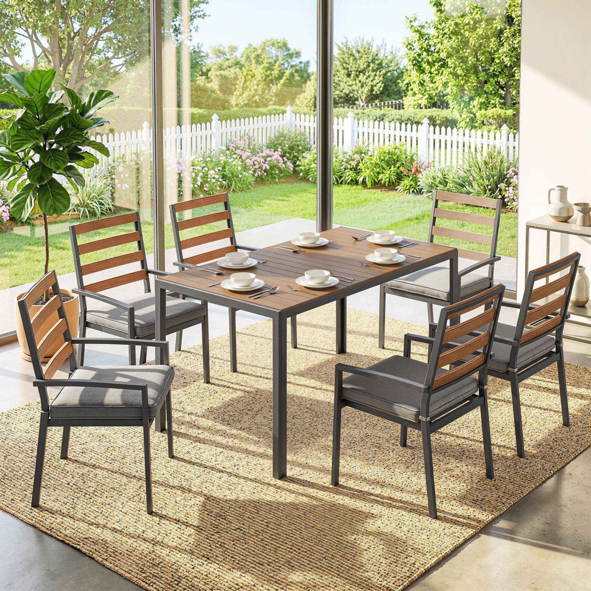 Ensemble de jardin 7 pièces composé d’une table à manger et 6 chaises avec coussins, mobilier en bois pour terrasse - Image 8
