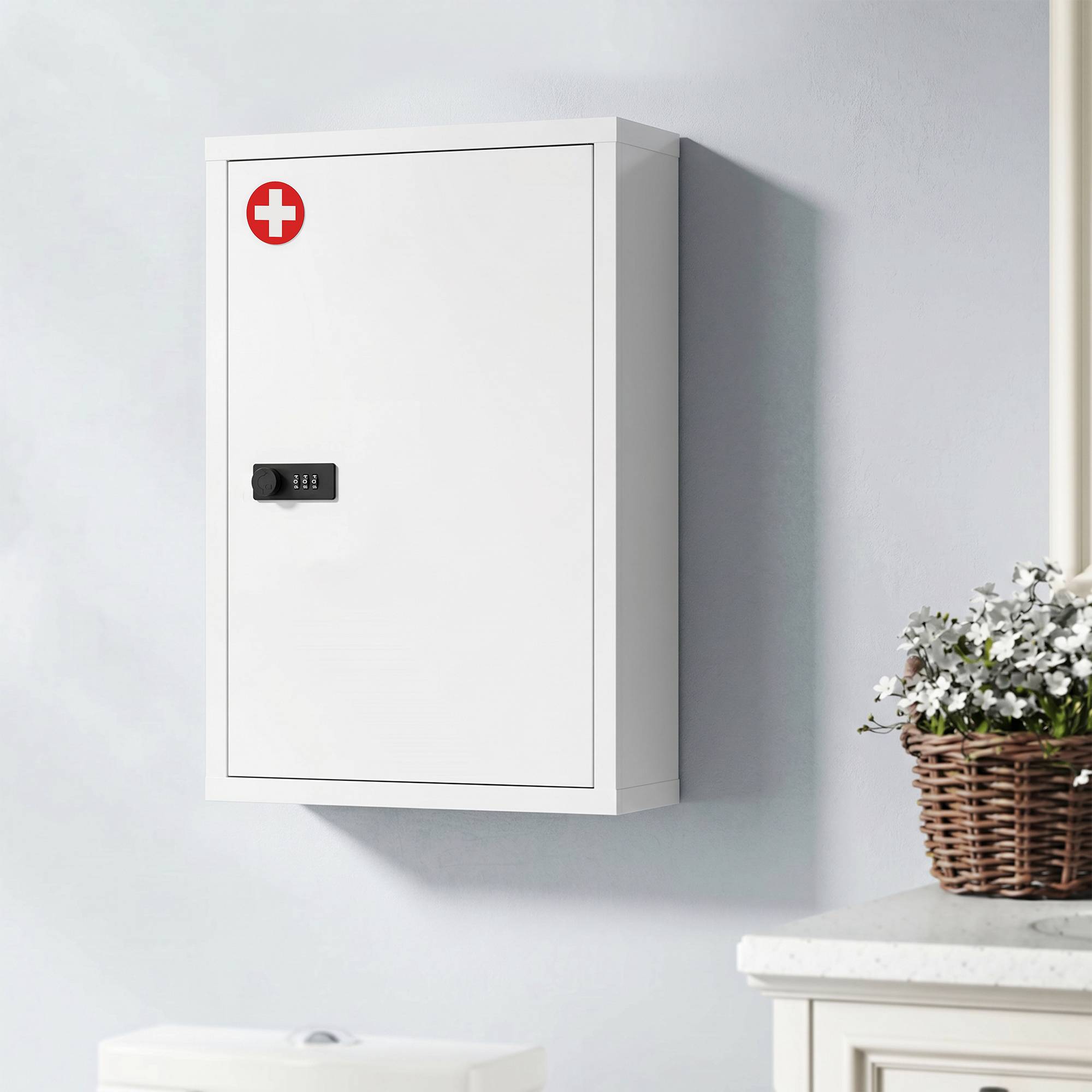 Sans Marque - Armoire pharmacie murale meuble salle bain serrure combinaison porte compartiments rangement blanche - Image 4