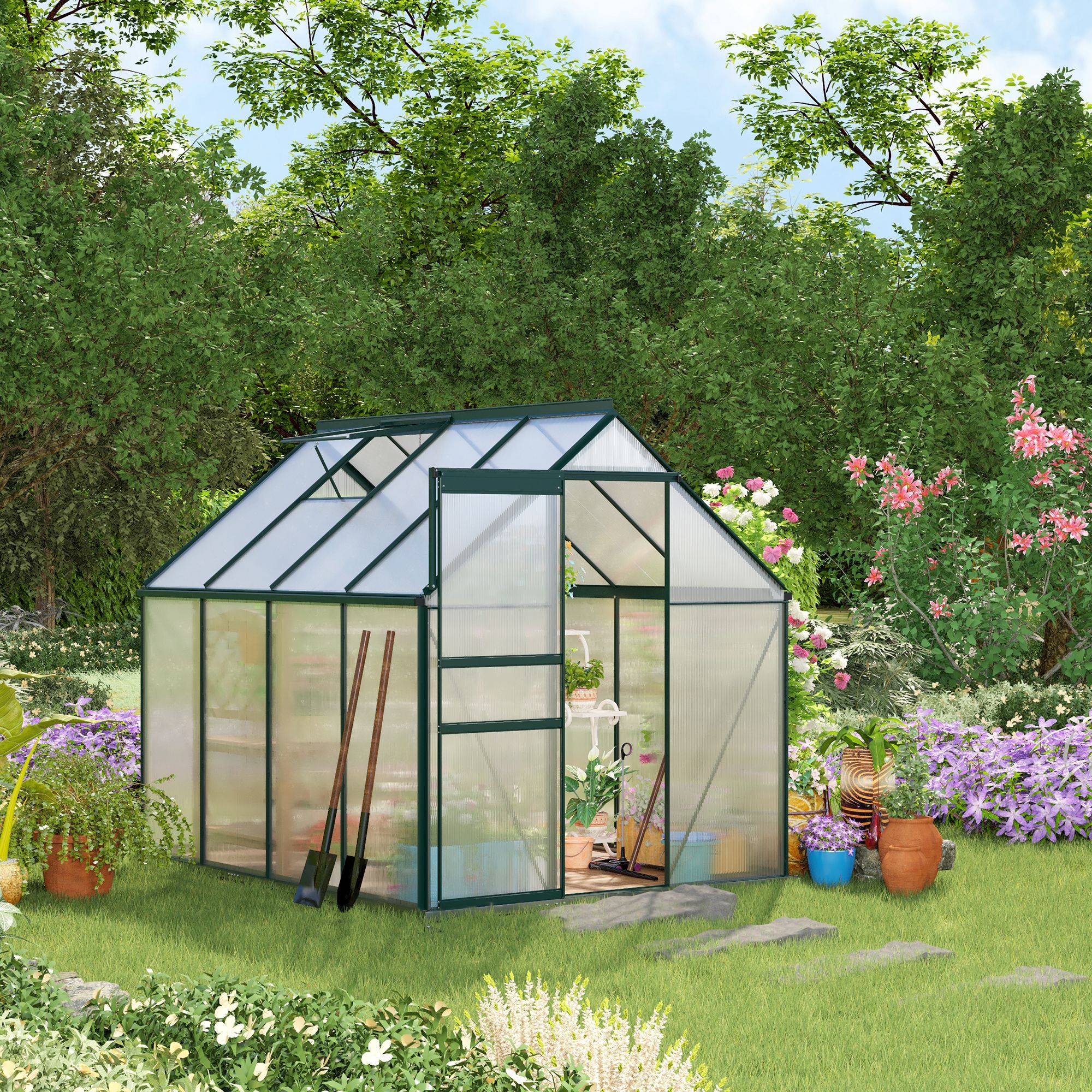 Sans Marque - Serre de jardin en polycarbonate, métal et aluminium, anti-UV et coupe-vent, 190 x 253 x 199 cm, verte - Image 4