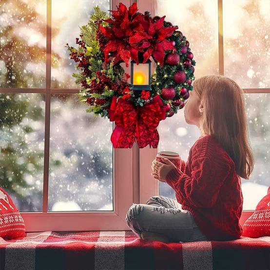 Couronne de Noël artificielle à LED, 40 cm couronne de porte, Noël, extérieur et intérieur - Couronne de l'Avent avec lanterne à bougie - Image 3
