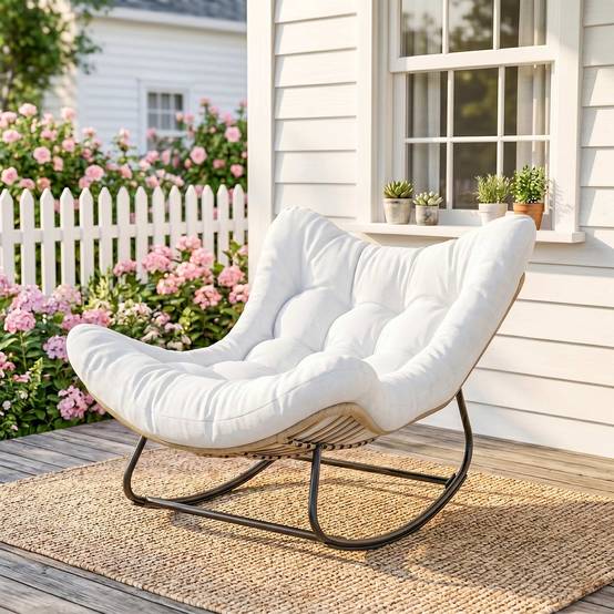 Fauteuil à bascule œuf Rotin PE Intérieur & extérieur Balancement doux 111x98x74cm Crème - ComfortXL Outdoor Living - Image 4