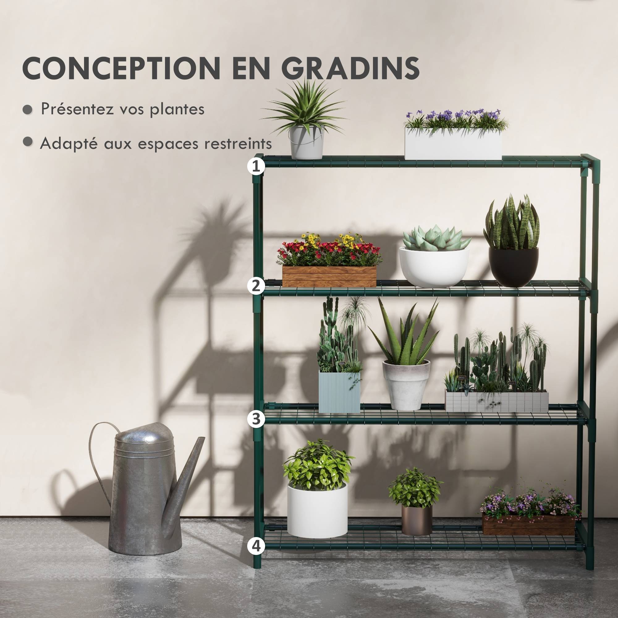 Sans Marque - Étagère à fleurs supports porte plante 4 niveaux, intérieur et extérieur en acier, dim. 89L x 28l x 107H cm, vert - Image 6