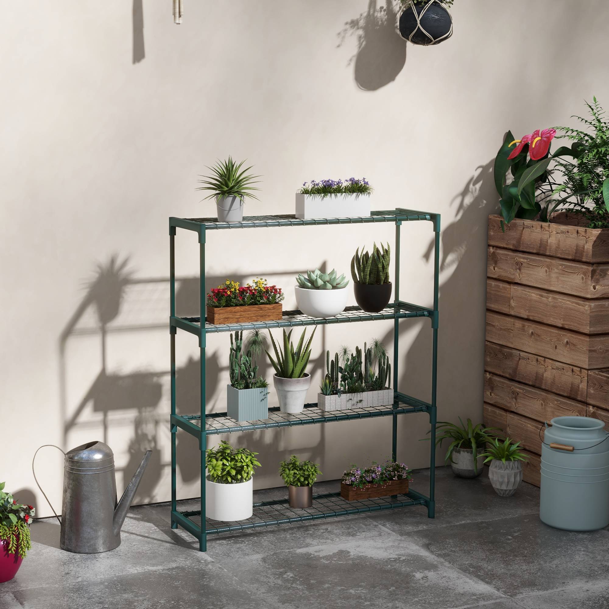 Sans Marque - Étagère à fleurs supports porte plante 4 niveaux, intérieur et extérieur en acier, dim. 89L x 28l x 107H cm, vert - Image 3