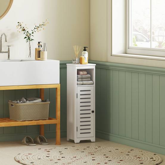 Meuble salle de bain 4 niveaux avec porte persienne et étagère ouverte, colonne rangement compacte blanc moderne - Image 4