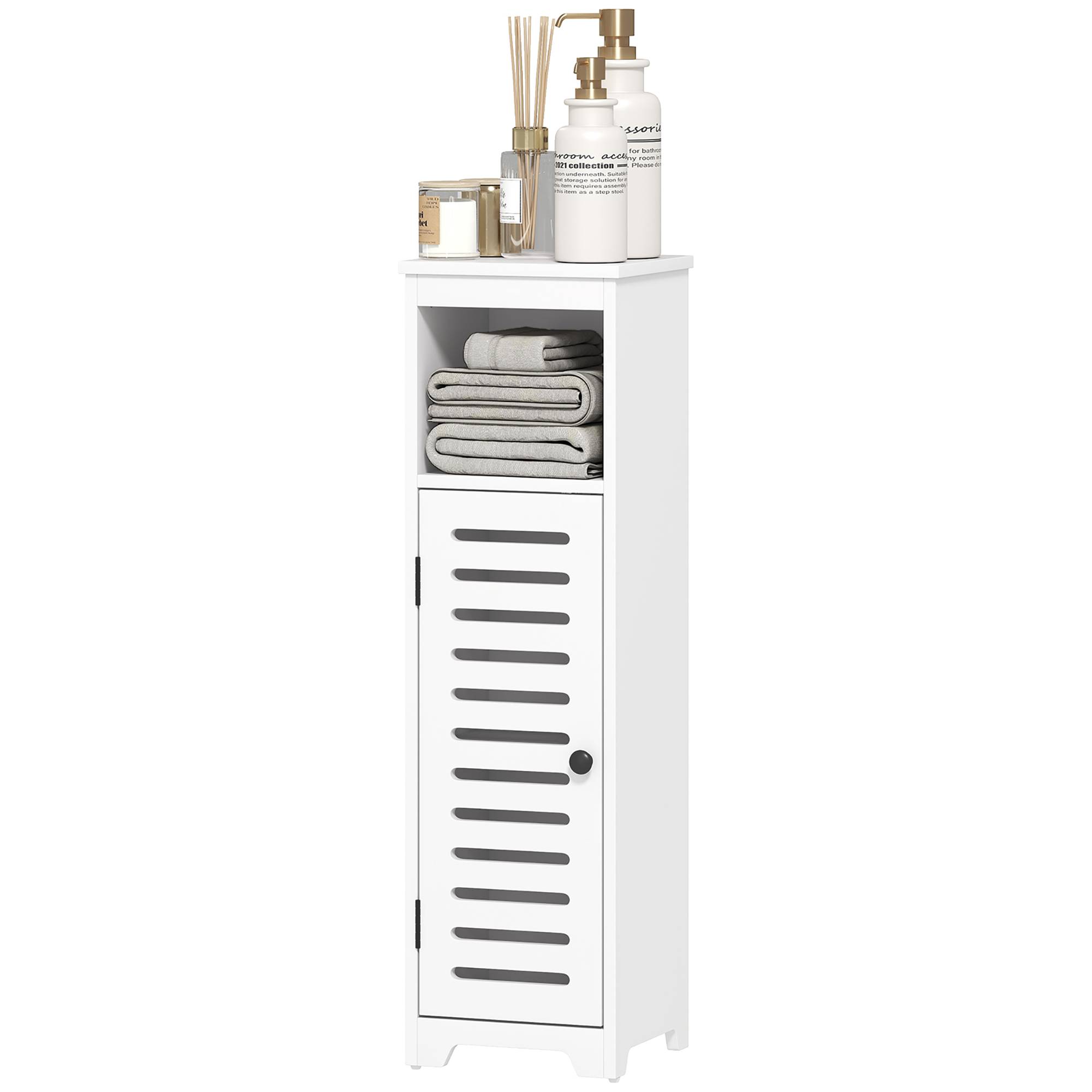 Meuble salle de bain 4 niveaux avec porte persienne et étagère ouverte, colonne rangement compacte blanc moderne - Image 2