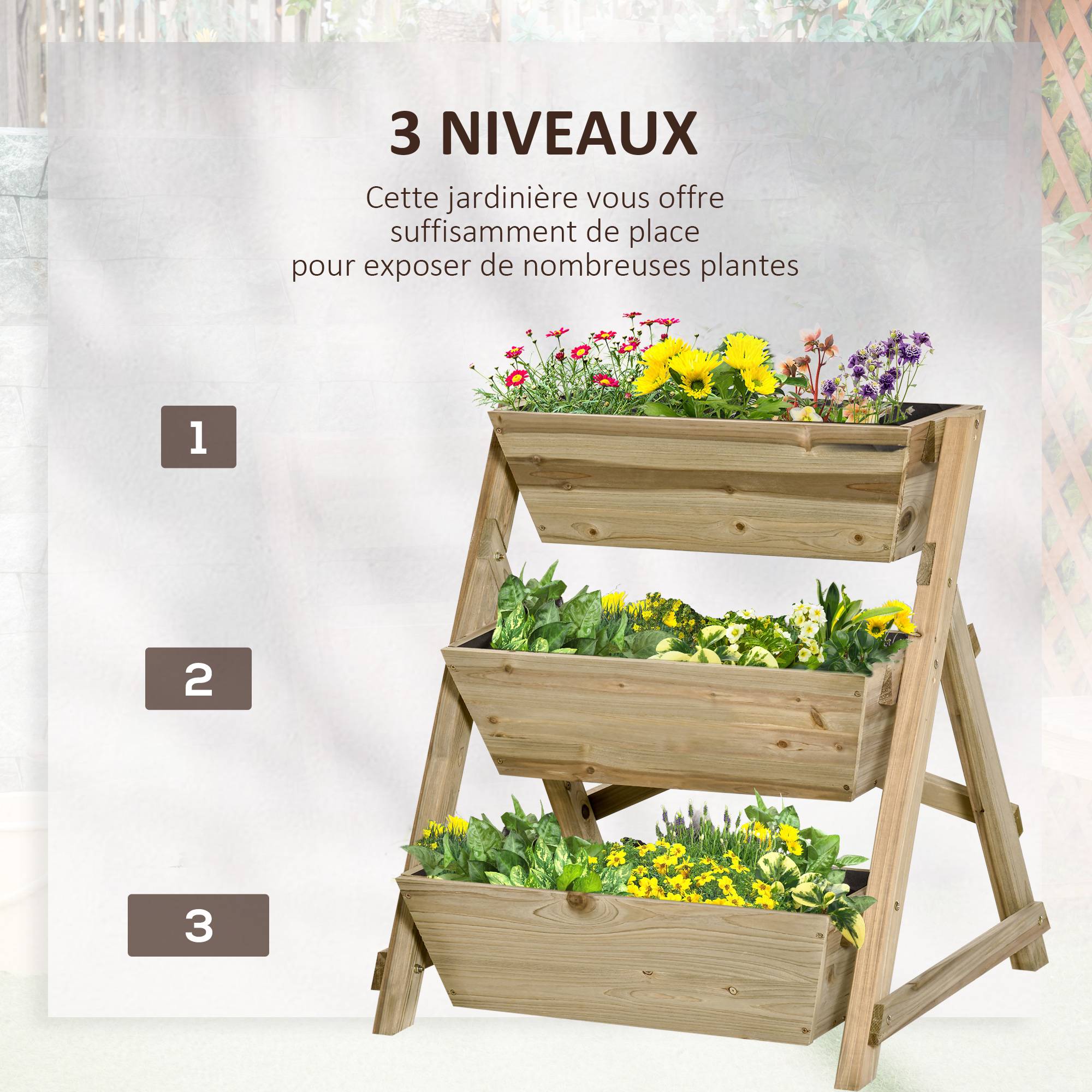 Jardinière sur Pieds carré Potager 3 étages dim. 71L x 61l x 77H cm Inserts d'irrigation Feutre de Drainage Bois Sapin Autoclave - Image 6