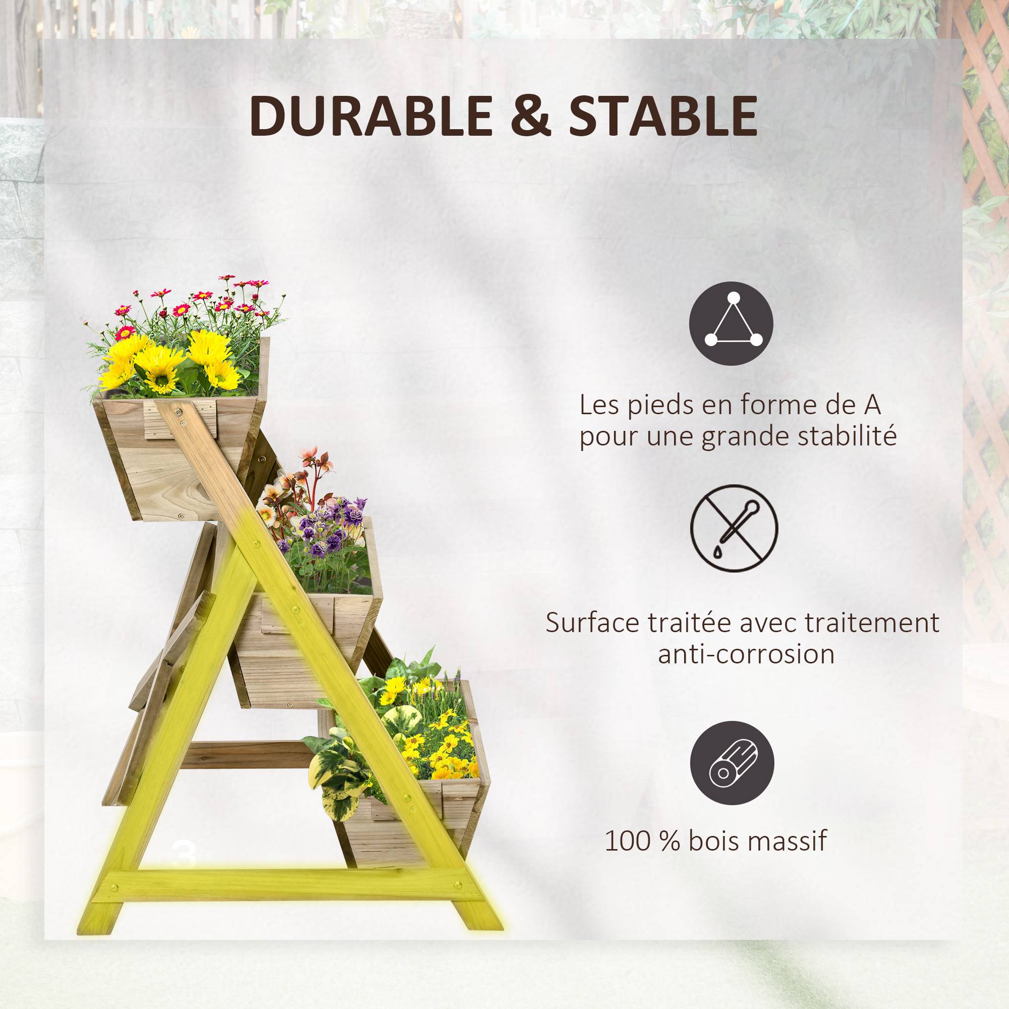 Jardinière sur Pieds carré Potager 3 étages dim. 71L x 61l x 77H cm Inserts d'irrigation Feutre de Drainage Bois Sapin Autoclave - Image 8