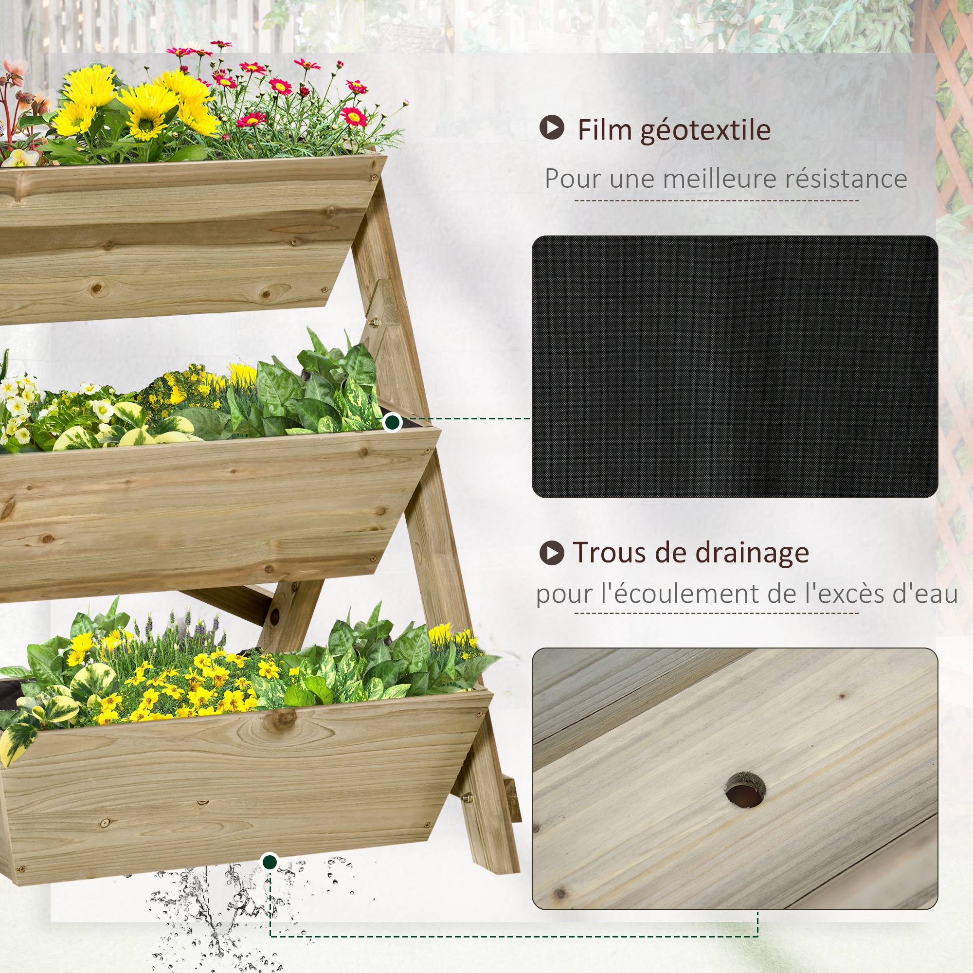Jardinière sur Pieds carré Potager 3 étages dim. 71L x 61l x 77H cm Inserts d'irrigation Feutre de Drainage Bois Sapin Autoclave - Image 7