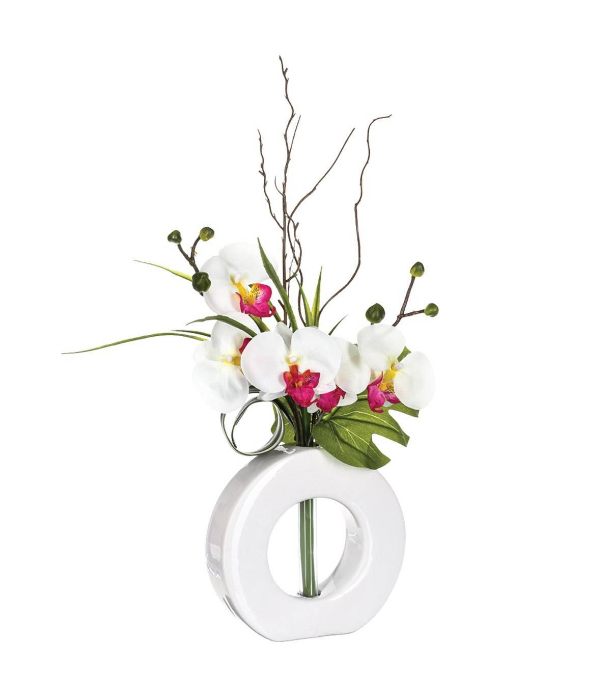 Composition florale artificielle d'orchidées avec vase céramique H 44 cm