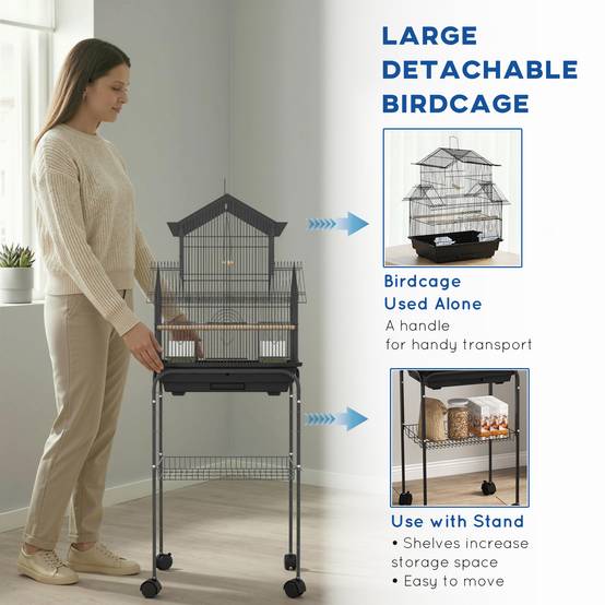 Cage à oiseaux design maison mangeoires perchoirs 3 portes plateau excrément amovible + poignée transport noir - Image 10