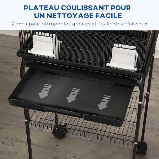 Cage à oiseaux design maison mangeoires perchoirs 3 portes plateau excrément amovible + poignée transport noir - Image 7