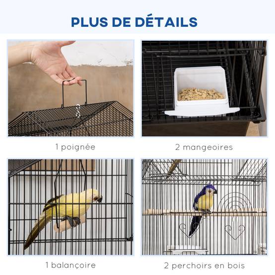 Cage à oiseaux design maison mangeoires perchoirs 3 portes plateau excrément amovible + poignée transport noir - Image 6