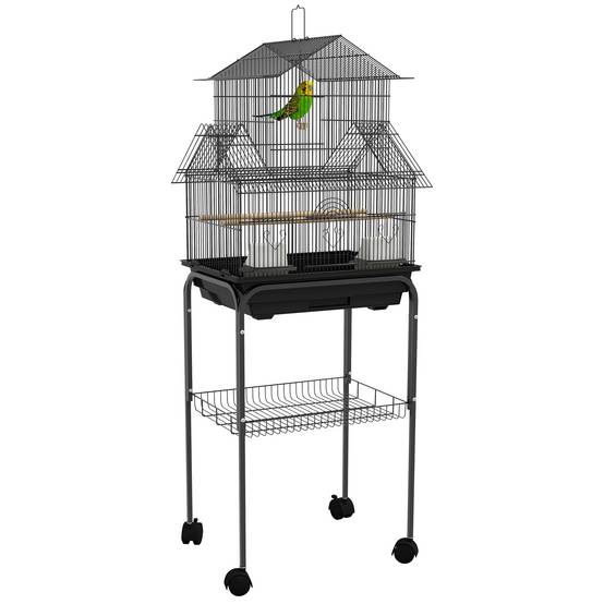 Cage à oiseaux design maison mangeoires perchoirs 3 portes plateau excrément amovible + poignée transport noir - Image 1