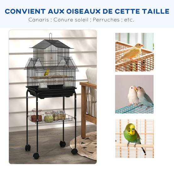 Cage à oiseaux design maison mangeoires perchoirs 3 portes plateau excrément amovible + poignée transport noir - Image 9