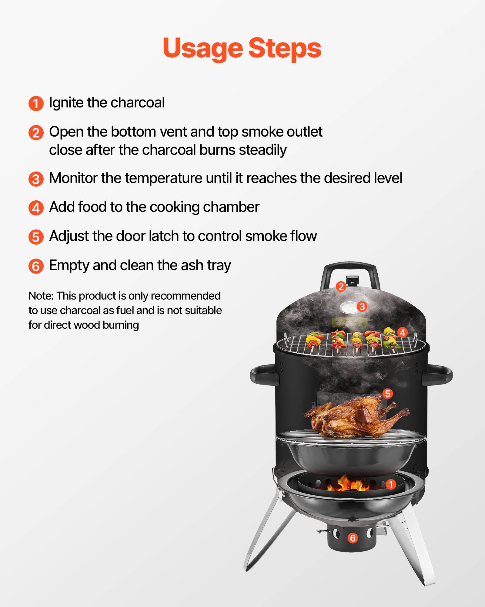 Vevor - VEVOR Fumoir à charbon 406 mm, barbecue vertical en acier revêtu, 2 grilles 375 mm, thermomètre, aérations, cendrier amovible - Image 5