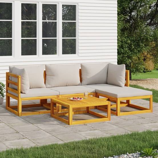 Salon de Jardin 5pcs Bois Acacia Massif Modulable Coussins Gris – ComfortXL Outdoor Living - Image 1