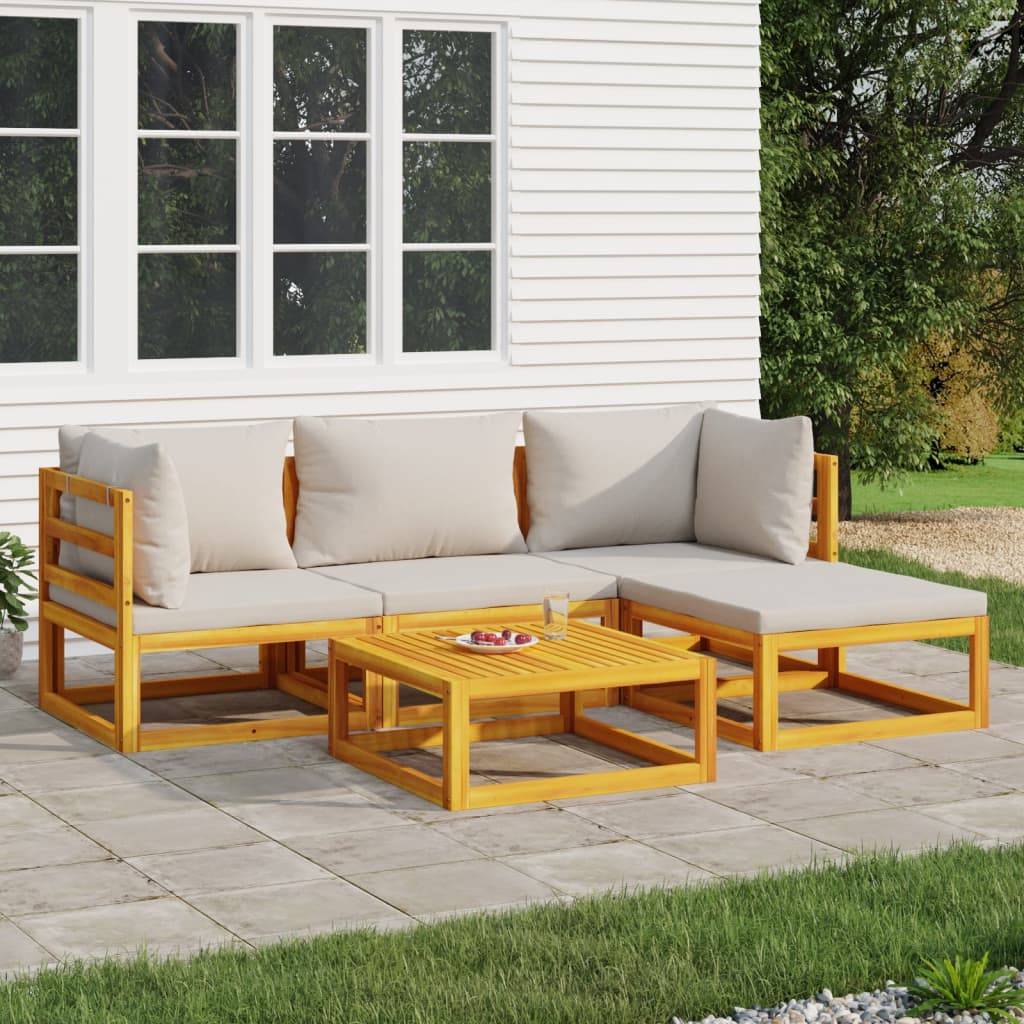 Salon de Jardin 5pcs Bois Acacia Massif Modulable Coussins Gris – ComfortXL Outdoor Living - Image 1