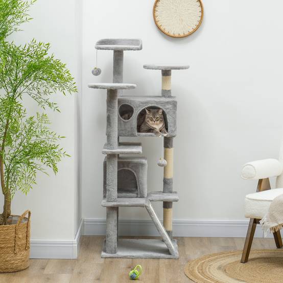 Arbre à chat sisal et peluche gris clair 49 x 49 x 138 cm - PANGIVO - Image 4